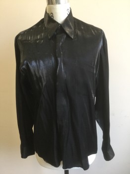 LE MONDE, Iridescent Black, Rayon, Polyester, Solid, Metallic, Long Sleeve Button Front, Collar Attached, 1 Patch Pocket,