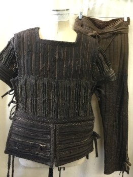 TIRELLI, Brown, Synthetic, Burlap, Geometric, Bark-like Texture, Piping and Quilted, Breastplate and Short Sleeve Caps, Lacing/Ties on Sides, Square Neck, Patchwork, Woodsman, Primitive, Villager, Soft Armor