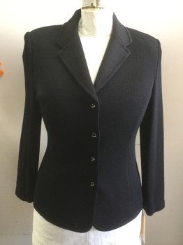 ST JOHN, Black, Wool, Solid, Knit Blazer, 4 Black and Gold Buttons, Notched Lapel, Padded Shoulders,