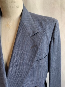 CURLEE CLOTHES, Gray, Navy Blue, Lt Blue, Wool, Stripes, Double Breasted, 6 Buttons, Peaked Lapel, 3 Pockets, 4 Buttons Cuffs, 4 PIECES, Jacket, Vest, 2 Pairs Of Pants