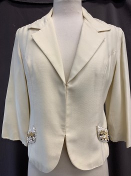 N/L, Cream, White, Champagne, Wool, Beaded, Solid, Single Breasted, Notched Lapel, Hook & Eyes, Princess Seams, Beaded Pocket Flaps,