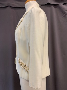 N/L, Cream, White, Champagne, Wool, Beaded, Solid, Single Breasted, Notched Lapel, Hook & Eyes, Princess Seams, Beaded Pocket Flaps,