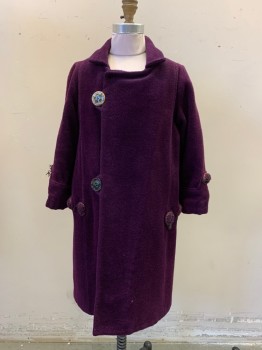 MTO, Aubergine Purple, Wool, Solid, Girls, Double Breasted, Collar Attached, Big Button Loop Front, with Mismatched Buttons, Scallopped Details at Cuffs and Side Back Waist with Decorative Covered Buttons ( Aged)