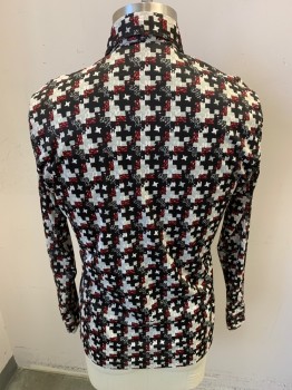 PRINCE IGOR, Black, Lt Gray, White, Red, Polyester, Geometric, Abstract , Long Sleeves, Button Front, 8 Buttons, Button Cuffs,