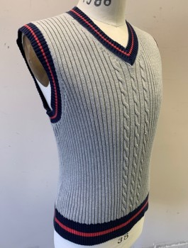BROOKS BROTHERS, Gray, Navy Blue, Cotton, Solid, Ribbed and Cabled Knit, Navy and Coral Trim/Edges, Pullover, V-neck