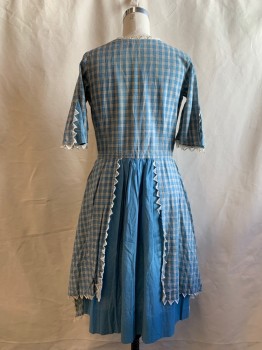 TRADEMARK, French Blue, White, Black, Cotton, Plaid, Color Blocking, French Blue Front Panel and Skirt, Pointed Lace White Trim, Off Center Snap Front, 3/4 Sleeve with Solid French Blue Triangle Inset, Gathered Skirt, Plaid Overskirt Triangular Panels