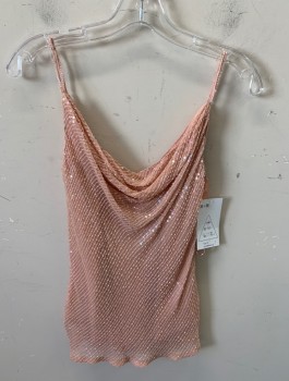 XSCAPE, Lt Pink, Silk, Polyester, Stripes - Horizontal , Spaghetti Strap , Beaded & Sequence  Detail  Dropped Neck Line