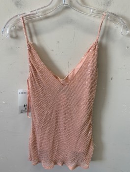 XSCAPE, Lt Pink, Silk, Polyester, Stripes - Horizontal , Spaghetti Strap , Beaded & Sequence  Detail  Dropped Neck Line
