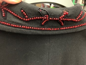 MTO, Black, Red, Wool, Acetate, Solid, Plain Weave Wool, Hand Holes, Collar with Red & Black Beading, Beads Down Center Front & Hem, Petersham Ribbon Ties at Neck, Hook & Eyes Center Front, Missing a Few Beads Center Back See Detail Photo,