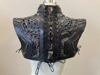 N/L, Black, Silver, Iridescent Red, Leather, Plastic, Chest/Shoulder Plate, Molded Black Leather with Iridescent Plastic Abstract Shapes, 2 Curved Feather Shaped Pieces in Front, Stand Collar, Lace Up in Back and at Sides, Made To Order, **Detachable Panel in Back