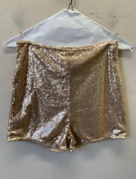 WINDSOR, Rose Gold Metallic, Sequins, Polyester, Clubwear Hot Shorts, Covered in Tiny Sequins, High Waist, 2" Inseam, Exposed Gold Zipper in Back