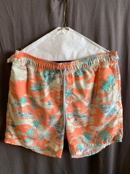 RIPCURL, Coral Orange, Tan Brown, Multi-color, Polyester, Tropical , Elastic Waist With Drawstring, 3 Pockets, Short