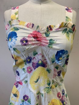 NO LABEL, White, Yellow, Blue, Green, Pink, Polyester, Floral, Sleeveless, V Neck, Ruffled Neck Trim, Side Zipper