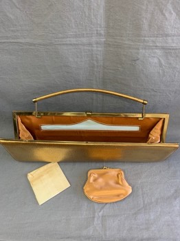 Nicholas Reich, Gold, Leather, Solid, 15''x5'' Clutch, with Hidden Gold Bar Swing Up Handle Attached to  Metal Frame Hinge, with Matching Coin purse and Mirror, Light Blue Grosgrain  Cutout " Ticket Pocket'' on Handle Side