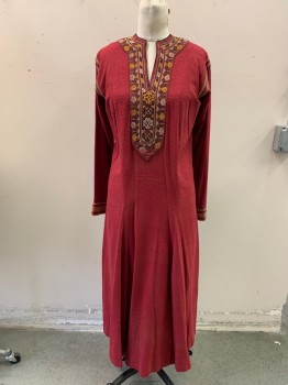 MTO, Dk Red, Cotton, Solid, Medallion Pattern, Crew Neck with V Slash, Back Hook N Eye Closure, Embroiderred Patches with Black/Gold Piping