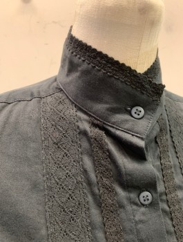 FRONTIER CLASSICS, Black, Cotton, Solid, Reproduction, L/S, Button Front, Stand Collar, Vertical Crochet Lace Throughout, Puffy Sleeves Gathered at Shoulders