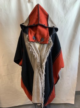 THE NEW COUNTY, Rust Orange, Black, Lt Gray, Acrylic, Stripes - Vertical , Herringbone Weave, Bold Stripes, Pilley, Fringed Open Front with Snap, Hooded, 2 Welt Pocket, Clasp Closure at Neck, Aged/Distressed,  Homeless