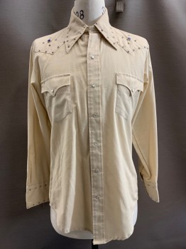 CHAMPION WESTERNS, Beige, Silver, Polyester, Cotton, Solid, L/S, Snap Front, C.A., Chest Pockets, Silver Studs, Blue Stone