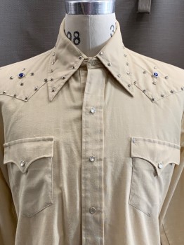 CHAMPION WESTERNS, Beige, Silver, Polyester, Cotton, Solid, L/S, Snap Front, C.A., Chest Pockets, Silver Studs, Blue Stone