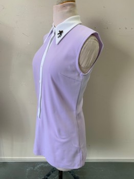 NO LABEL, Lilac Purple, White, Polyester, Color Blocking, Tennis Top, Button Front, C.A., Sleeveless, Patch on Collar, Made To Order,