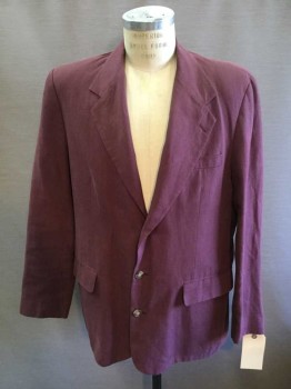 BANANA REPUBLIC, Plum Purple, Linen, Solid, Single Breasted, Collar Attached, Notched Lapel, 3 Buttons