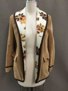 N/L, Tan Brown, Cream, Brown, Mustard Yellow, Orange, Solid, Floral, **REVERSIBLE** One Side Is Tan Corduroy W/Brown Cord Trim, Other Side Is Cream W/Brown/Orange/Mustard Groovy Flowers, Both Sides Have Large Shawl Collar W/Contrasting Pattern, 2 Pockets At Hips, Button Holes (But No Buttons), **Bar Code Is Inside Pocket On Fleece Side