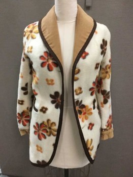 N/L, Tan Brown, Cream, Brown, Mustard Yellow, Orange, Solid, Floral, **REVERSIBLE** One Side Is Tan Corduroy W/Brown Cord Trim, Other Side Is Cream W/Brown/Orange/Mustard Groovy Flowers, Both Sides Have Large Shawl Collar W/Contrasting Pattern, 2 Pockets At Hips, Button Holes (But No Buttons), **Bar Code Is Inside Pocket On Fleece Side