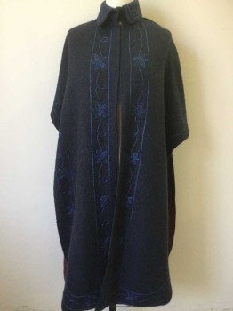 N/L, Navy Blue, Royal Blue, Wool, Solid, Floral, Soft Boucle, Collar, Center Front Opening with Hook & Eyes, Sides Open with a 3/4 Sleeve Drop, Lined, Band of Floral Embroidery All Edges and Collar. Large Embroidered Piece Center Back,