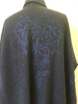 N/L, Navy Blue, Royal Blue, Wool, Solid, Floral, Soft Boucle, Collar, Center Front Opening with Hook & Eyes, Sides Open with a 3/4 Sleeve Drop, Lined, Band of Floral Embroidery All Edges and Collar. Large Embroidered Piece Center Back,