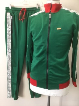 REASON, Emerald Green, Red, Polyester, Solid, Animal Print, Zip Up Jacket, White Snake Trim on Arms,  Red Collar, Red Elastic Waist.