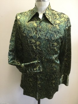 N/L, Green, Olive Green, Black, Silk, Abstract , Button Front, Pointed Collar Attached, Long Sleeves, Extended Cuffs ***shoulder Rip