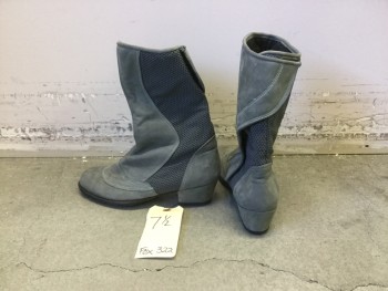 MTO/VIBRAM, Gray, Black, Synthetic, Rubber, Solid, Geometric, Mid Calf Boots with Inner Zipper and Velcro Closure, Low Heel