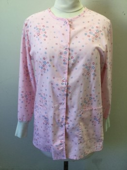 ANGELICA, Pink, Blue-Gray, Magenta Pink, Poly/Cotton, Floral, Pink with Pink/Magenta/Blue Florette Pattern, Snap Front, Long Sleeves, White Ribbed Knit Cuff, 2 Pockets