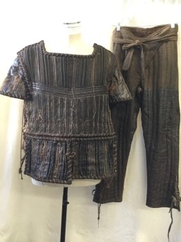 TIRELLI, Brown, Synthetic, Burlap, Geometric, Breastplate and Short Sleeve Caps, Bark-like Texture, Piping and Quilted, Lacing/Ties on Sides, Square Neck, Patchwork, Woodsman, Primitive, Villager, Soft Armor