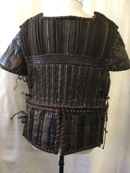 TIRELLI, Brown, Synthetic, Burlap, Geometric, Breastplate and Short Sleeve Caps, Bark-like Texture, Piping and Quilted, Lacing/Ties on Sides, Square Neck, Patchwork, Woodsman, Primitive, Villager, Soft Armor