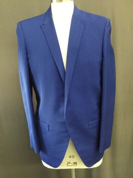 JOHN MATTHEWS, Royal Blue, Wool, Silk, Solid, Single Breasted, Peaked Lapel, Hand Stitched Collar/lapel, 2 Pockets, Sleeve Cuffs with Cutout Anglel