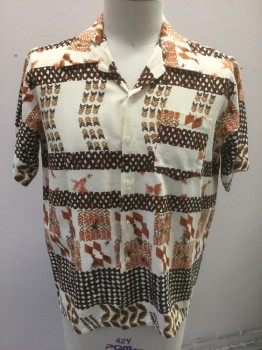 PARADISE, Cream, Brown, Ochre Brown-Yellow, Rust Orange, Cotton, Rayon, Geometric, Tiki Pattern, Short Sleeve Button Front, Collar Attached, 1 Patch Pocket