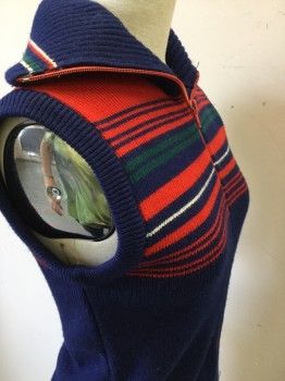 N/L, Navy Blue, Red, Green, White, Wool, Spandex, Stripes - Horizontal , Rib Knit, Zip Front, Can Be Worn As Turtleneck, or Collar Attached, Lined with Spandex