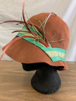 N/L MTO, Brown, Green, Wool, Feathers, Felt Cloche, Green & Olive Grosgrain Band, Dark Red and Green Ostrich Feather Plume, Made To Order Reproduction