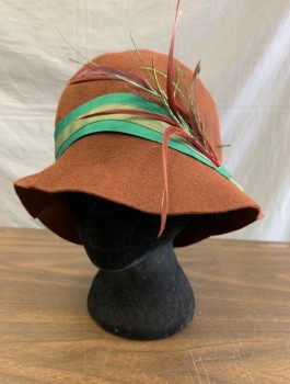 N/L MTO, Brown, Green, Wool, Feathers, Felt Cloche, Green & Olive Grosgrain Band, Dark Red and Green Ostrich Feather Plume, Made To Order Reproduction