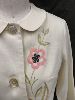 PERSONAL, White, Silk, Solid, Single Breasted, 3 Cream Buttons, Peter Pan Collar, Long Sleeves, Pink/Light Olive/Green Flower Embroidery