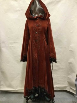MTO, Rust Orange, Lt Blue, Chocolate Brown, Cotton, Polyester, Solid, Floral, Velveteen Cloak With Flared Sleeves And Asymmetrical Hemline.  Dark Brown Pompom Fringe, Hook & Eyes, With Faux Buttons On Front, Fully Lined. Vented Armpits, Multiples