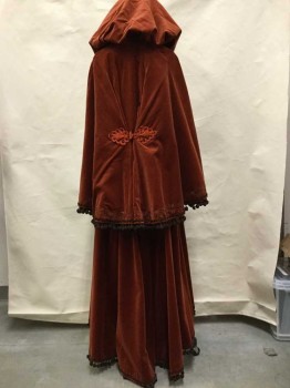 MTO, Rust Orange, Lt Blue, Chocolate Brown, Cotton, Polyester, Solid, Floral, Velveteen Cloak With Flared Sleeves And Asymmetrical Hemline.  Dark Brown Pompom Fringe, Hook & Eyes, With Faux Buttons On Front, Fully Lined. Vented Armpits, Multiples