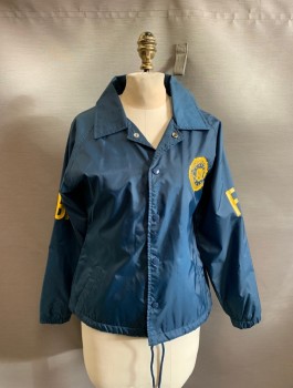 Cardinal, Navy Blue, Nylon, Polyester, Solid, FBI Jacket, Button Front, Snap Buttons, Collar Attached, "FBI" on Back and Both Arms in Yellow