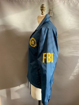 Cardinal, Navy Blue, Nylon, Polyester, Solid, FBI Jacket, Button Front, Snap Buttons, Collar Attached, "FBI" on Back and Both Arms in Yellow