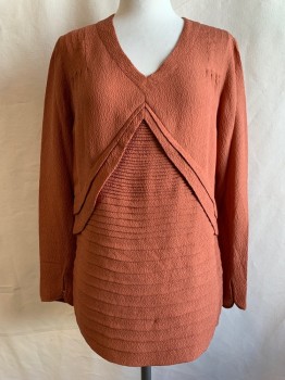 MTO, Burnt Orange, Rayon, Solid, Top, Crepe, V-neck, Long Sleeves, Snaps at Rounded Sleeve Hem, Graduated Horizontal Pleats, 2 Curved Pleats From Under V-neck, Hip Length, 4 Small Pleats at Each Shoulder