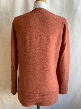 MTO, Burnt Orange, Rayon, Solid, Top, Crepe, V-neck, Long Sleeves, Snaps at Rounded Sleeve Hem, Graduated Horizontal Pleats, 2 Curved Pleats From Under V-neck, Hip Length, 4 Small Pleats at Each Shoulder