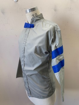 WEST COAST RACING CO, Gray, Nylon, Jockey Jacket, Contrasting Royal Blue Stripes On Sleeves And Bow At Neck, Velcro Closures, Stand Collar