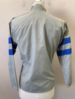 WEST COAST RACING CO, Gray, Nylon, Jockey Jacket, Contrasting Royal Blue Stripes On Sleeves And Bow At Neck, Velcro Closures, Stand Collar