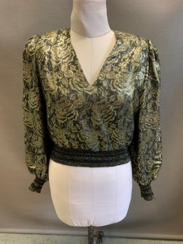 UMI COLLECTION, Black, Gold Metallic, Rayon, Polyester, Floral, V-back, Padded Shoulders, L/S, Zip Back Elastic Waist & Cuffs